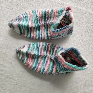 Handmade Knit Slipper Socks Mens Womens Medium Multi Color Striped Wool Blend